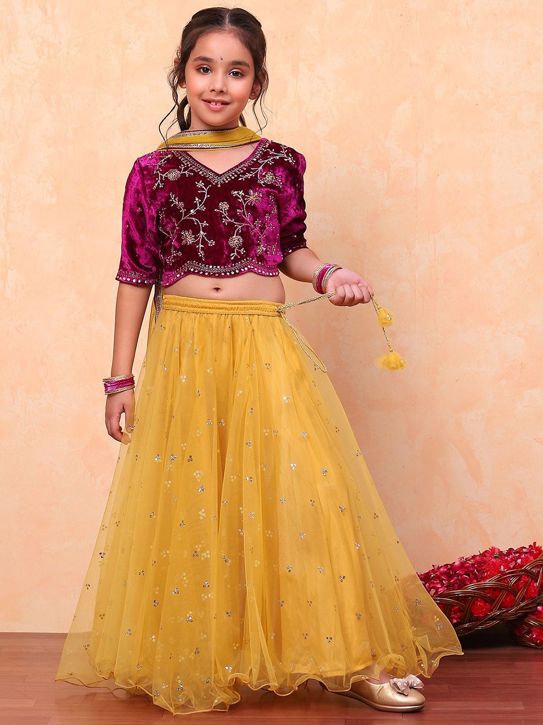 

Biba Girls Floral Embroidered Sequinned Ready to Wear Lehenga & Blouse With Dupatta, Purple