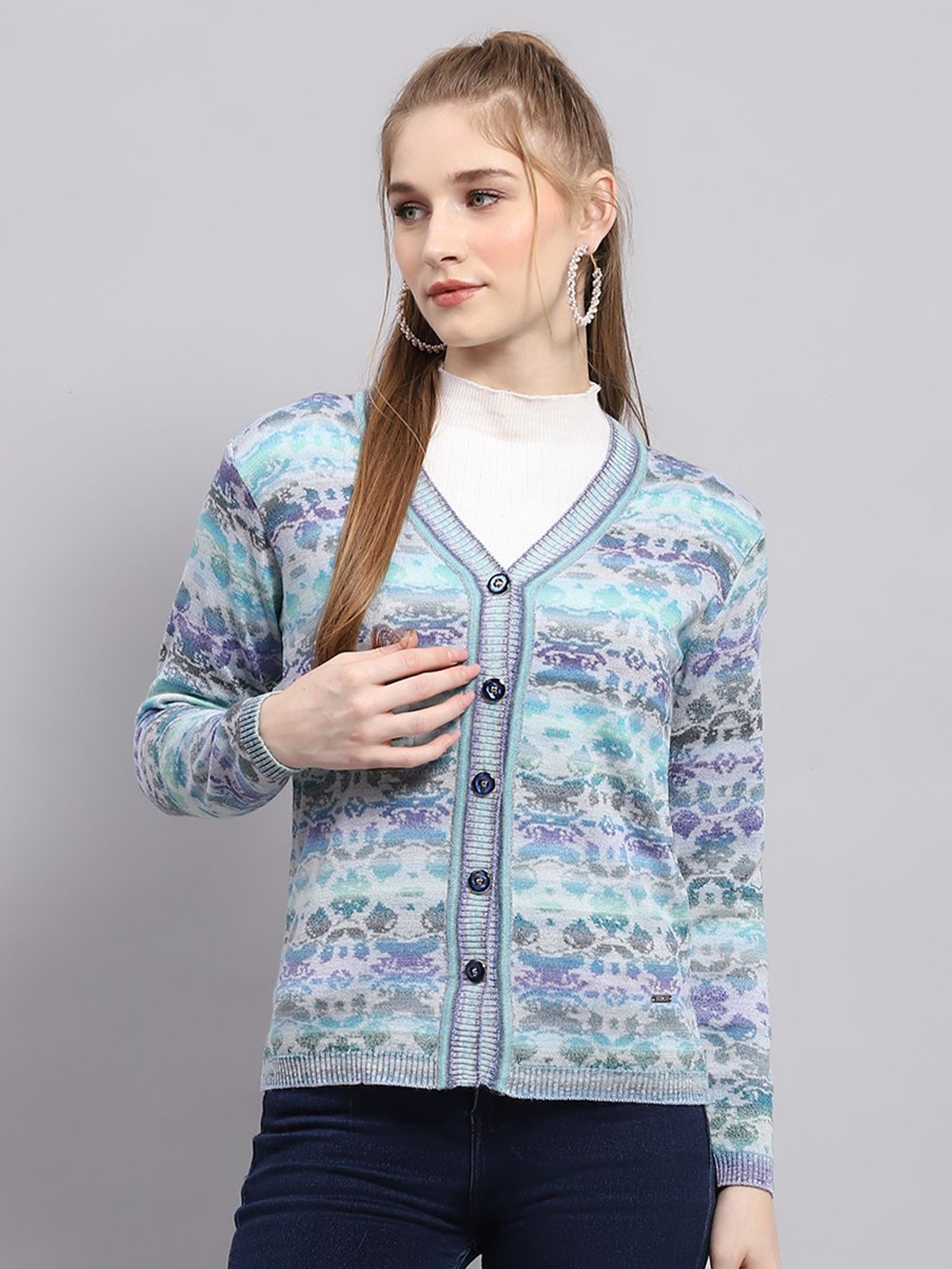 

Monte Carlo Women Woollen Long Sleeves Cardigan, Blue