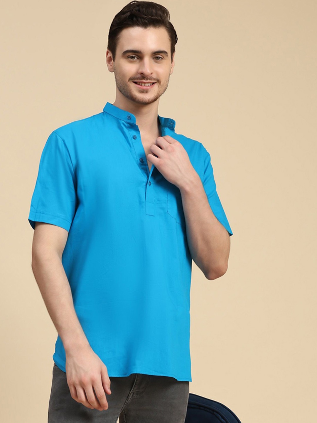 

SKAVIJ Band Collar Cotton Short Straight Kurta, Turquoise blue