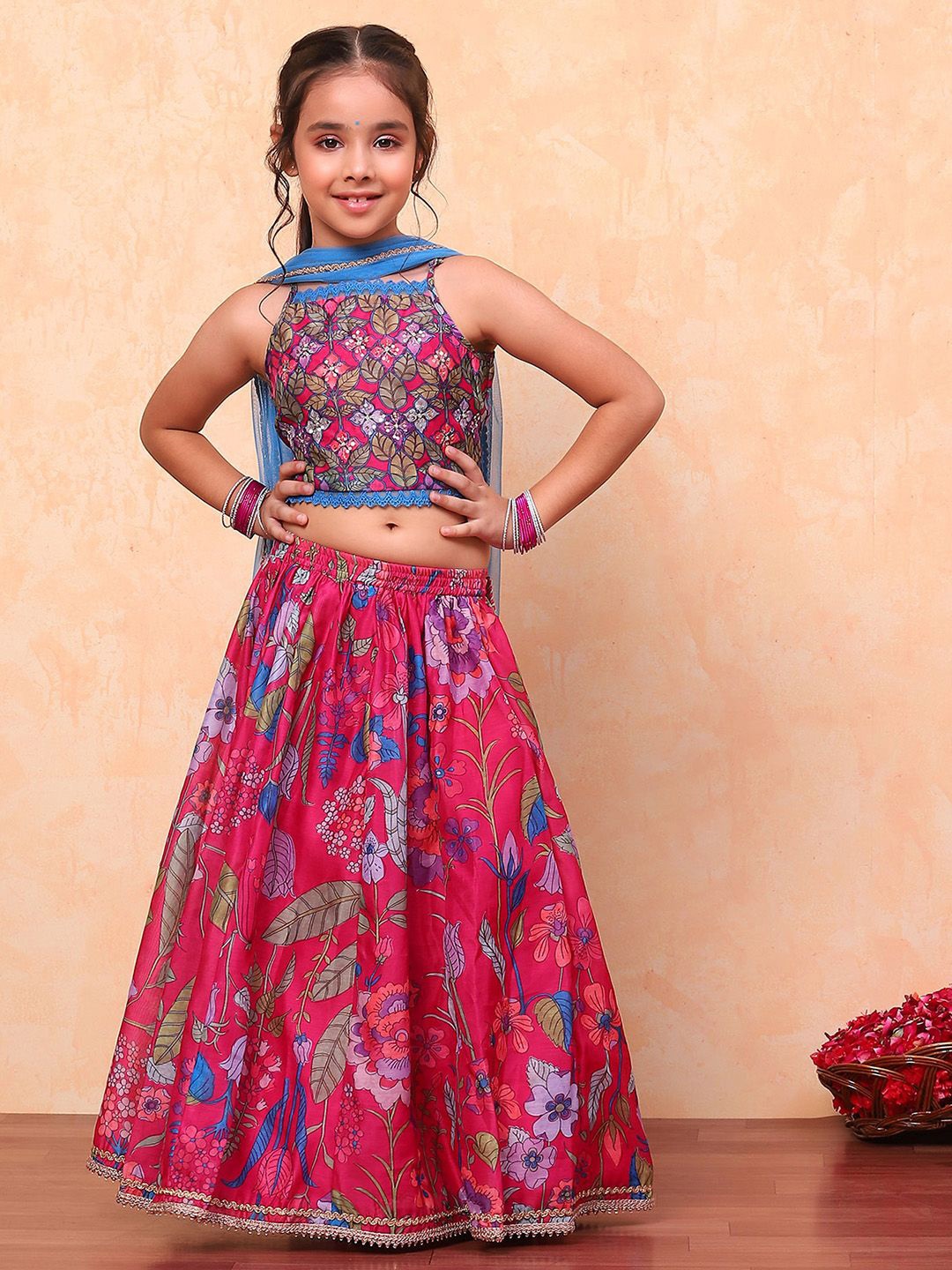 

Biba Girls Printed Sequinned Ready to Wear Lehenga & Blouse With Dupatta, Pink