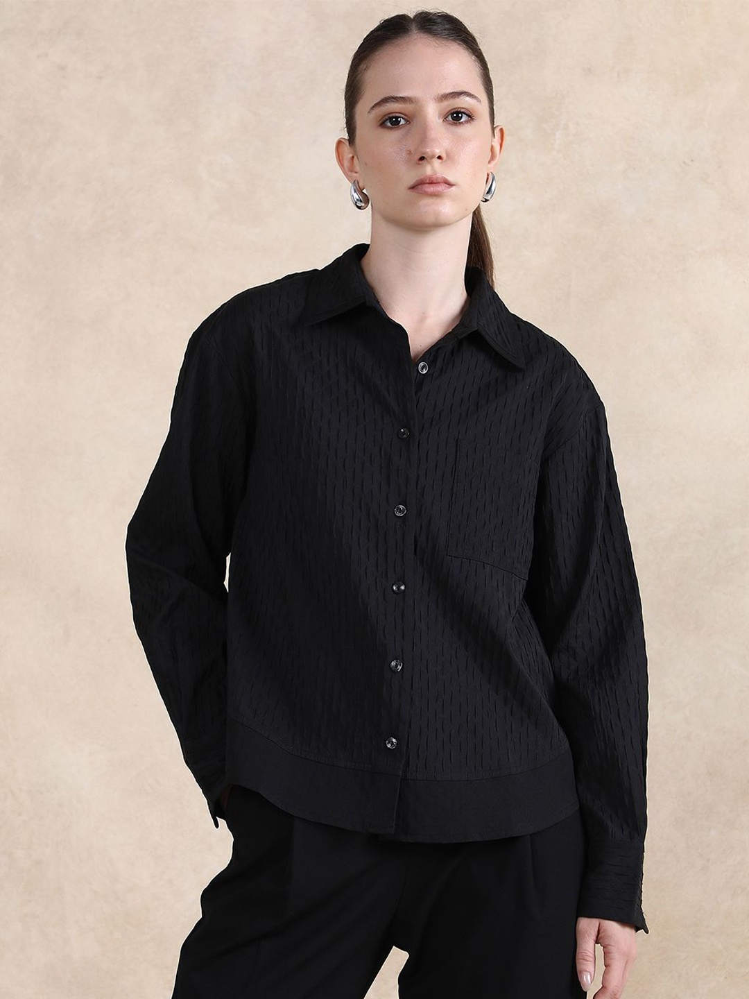 

RAREISM Women Comfort Spread Collar Textured Cotton Casual Shirt, Black