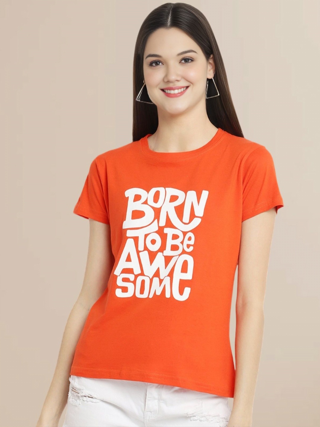 

Metronaut Women Typography Printed Round Neck Cotton T-shirt, Orange