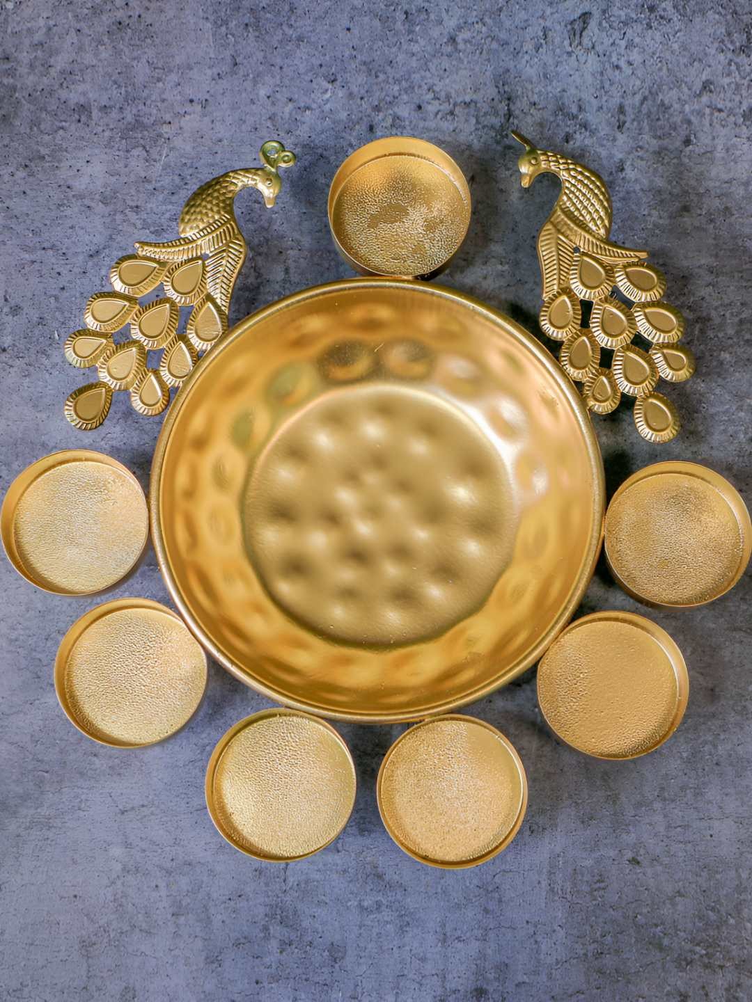 

Ambi Home Gold Toned Peacock Textured Metal Urli Diyas Decorative Bowl