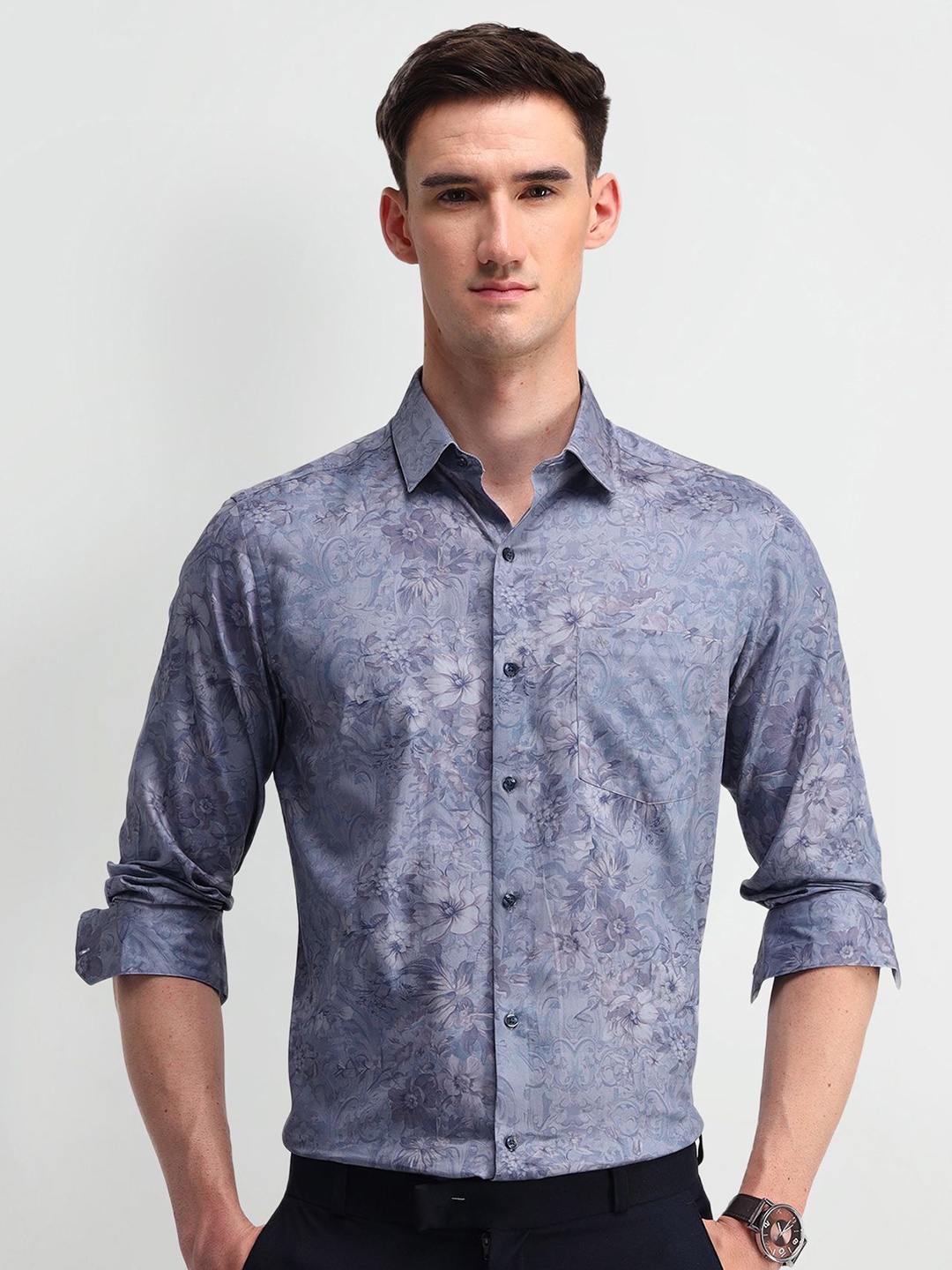 

Arrow Men Classic Spread Collar Floral Printed Cotton Formal Shirt, Grey