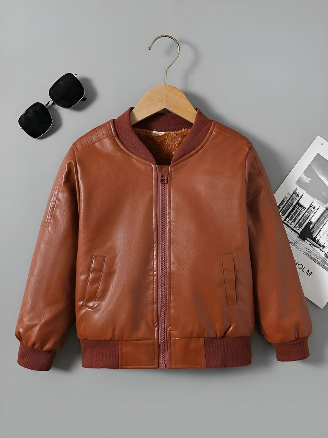 

BAESD Unisex Kids Stand Collar Solid Casual Leather Jacket, Brown