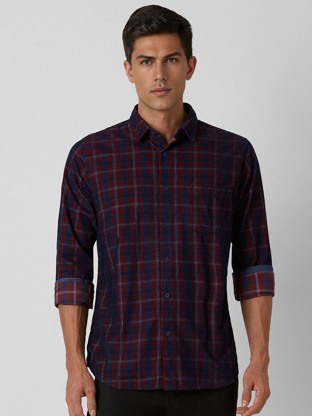

VAN HEUSEN DENIM LABS Men Spread Collar Checked Cotton Slim Fit Casual Shirt, Maroon