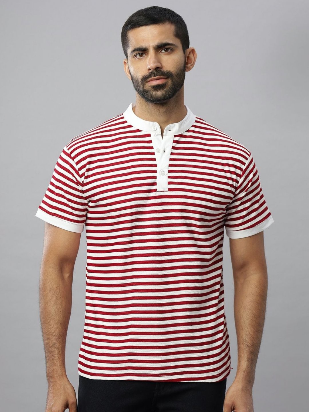 

N AND J Men Striped Henley Neck Cotton T-shirt, Maroon