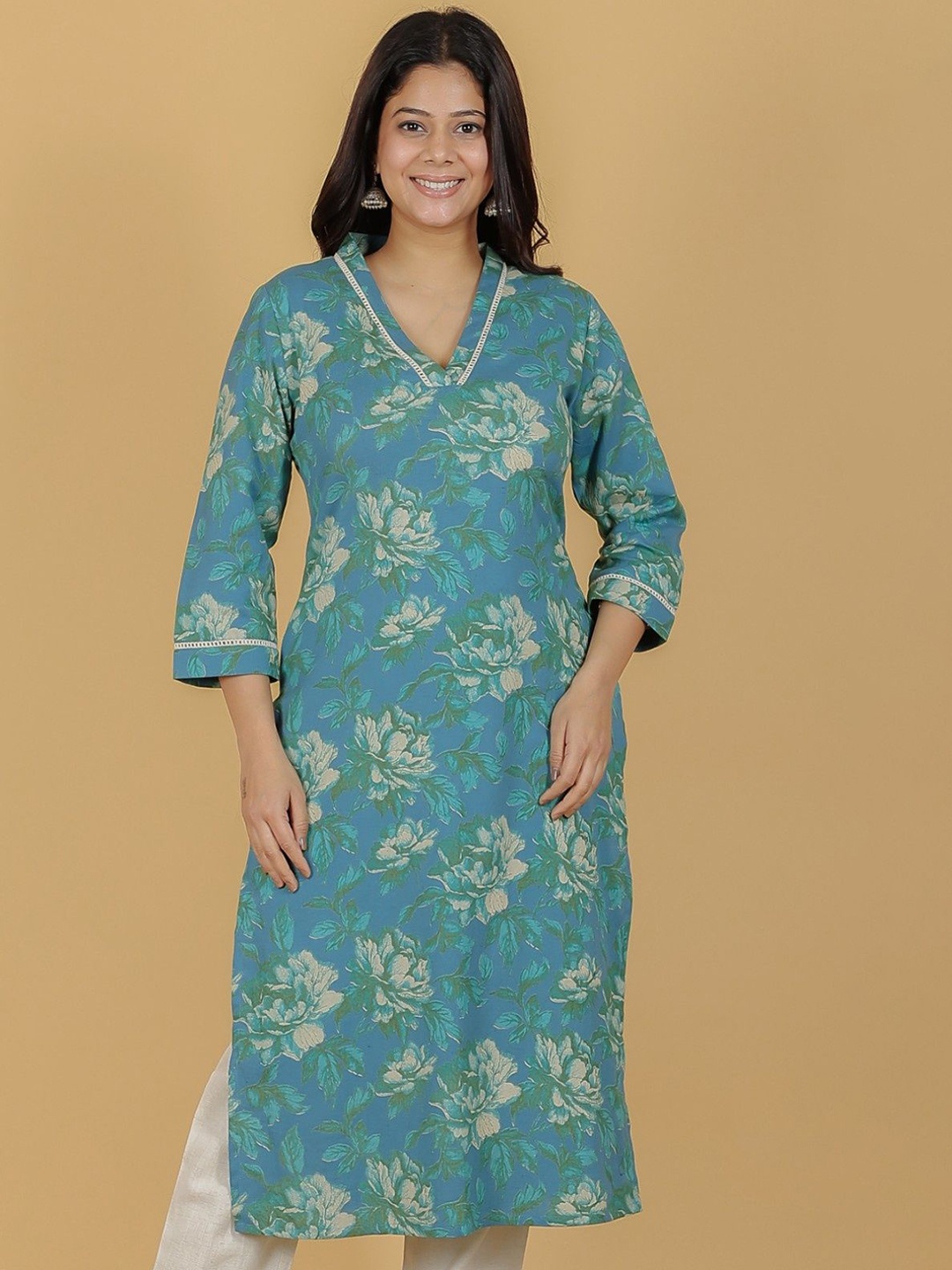 

Aramya Floral Printed Linen Cotton Straight Kurta, Green