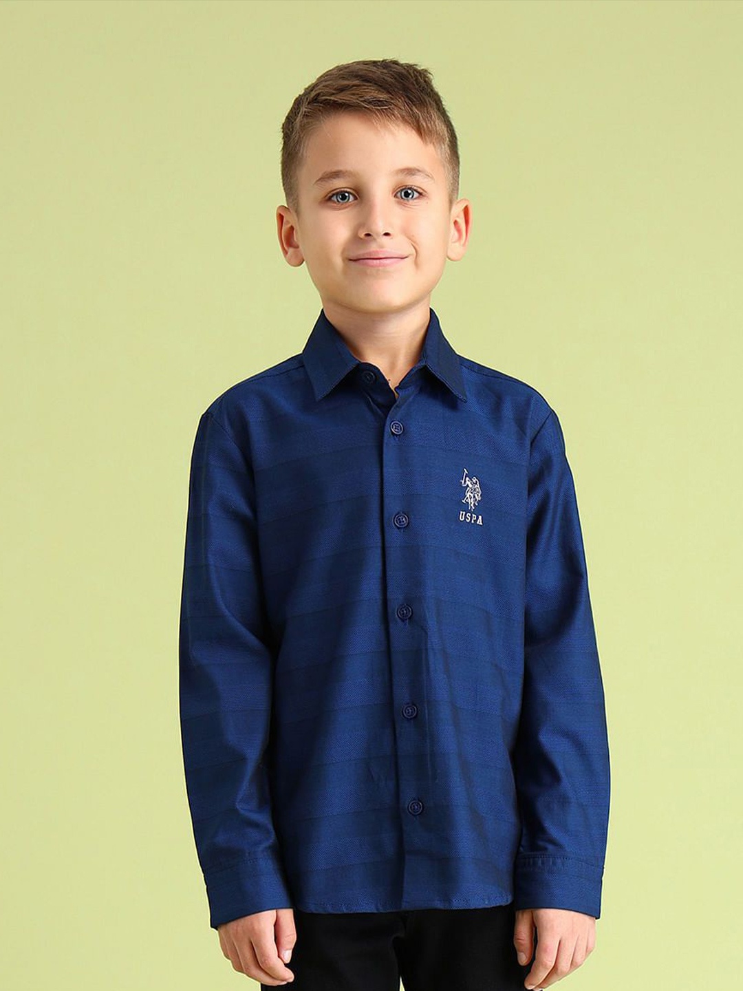 

U.S. Polo Assn. Kids Boys Classic Spread Collar Striped Self Design Cotton Casual Shirt, Navy blue