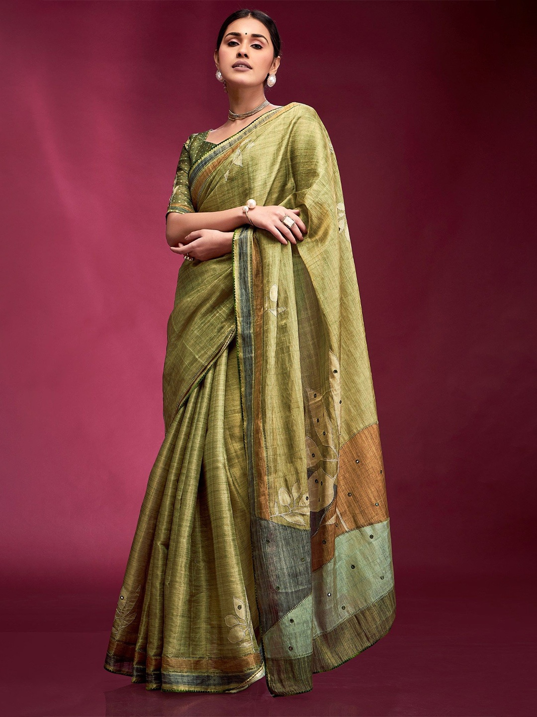 

MySilkLove Embellished Mirror Work Silk Blend Tussar Saree, Green