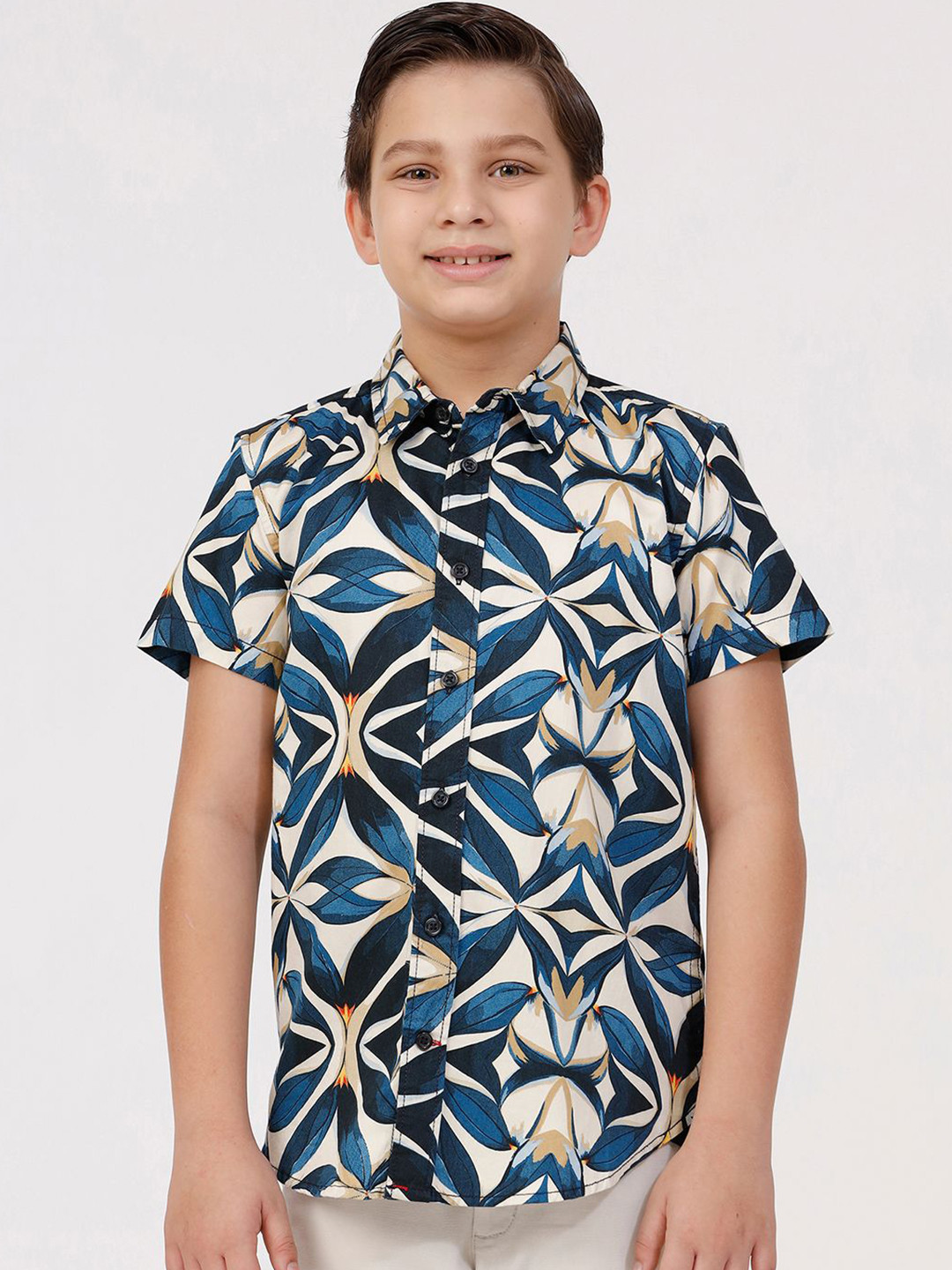 

KATE & OSCAR Boys Cutaway Collar Floral Printed Cotton Casual Shirt, Navy blue