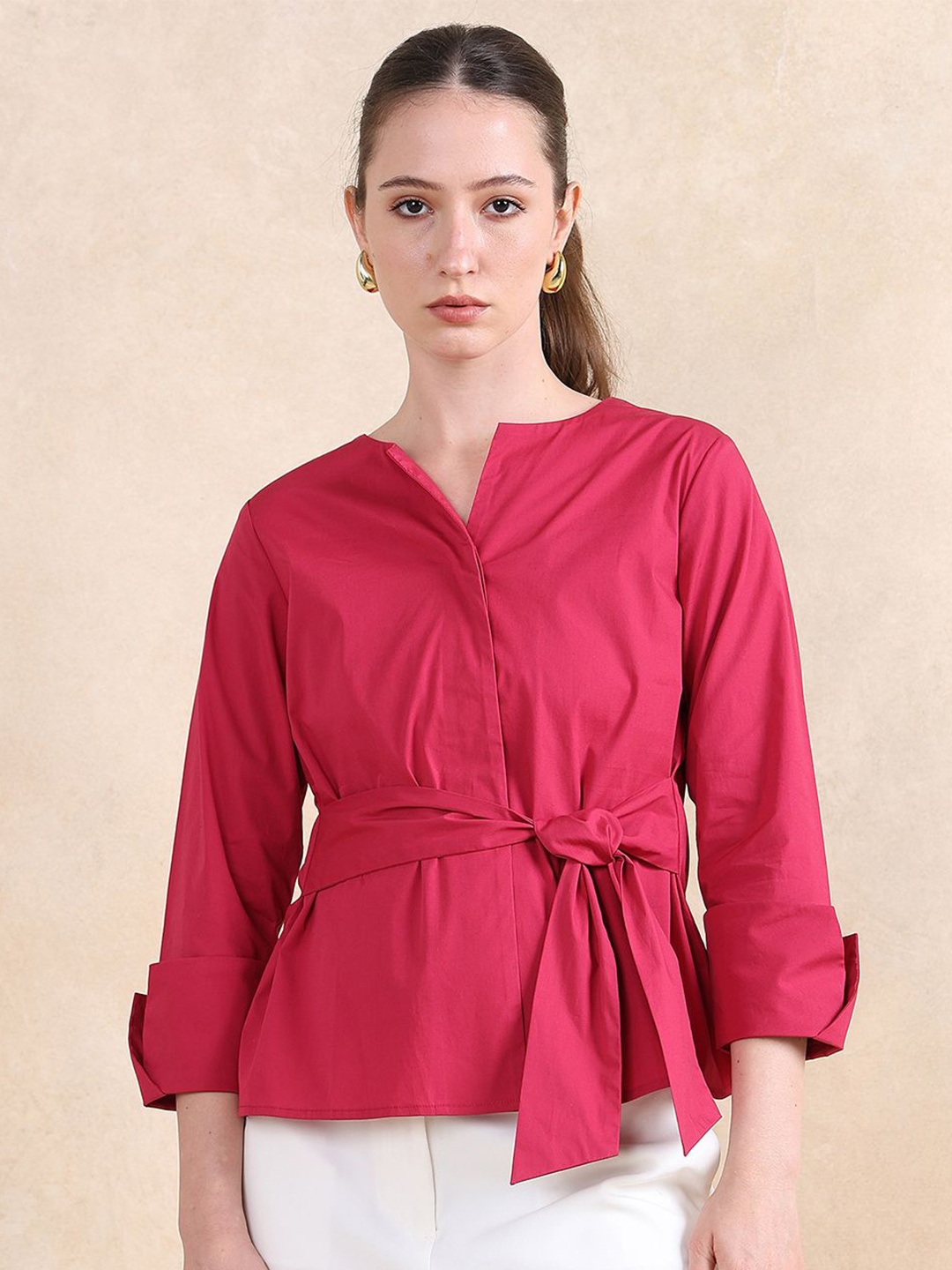 

RAREISM Women Mandarin Collar Cotton Top, Pink