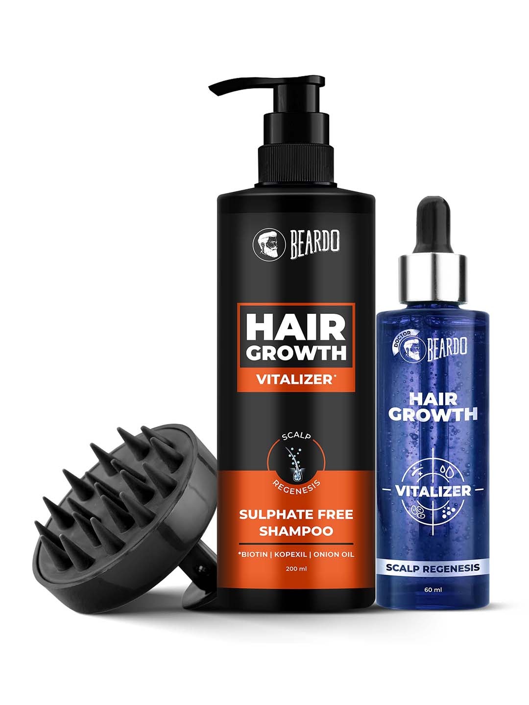 

BEARDO 3 Pcs Hair Growth Scalp Massager, Hair Growth Vitalizer & Shampoo - 60ml & 200ml, Black