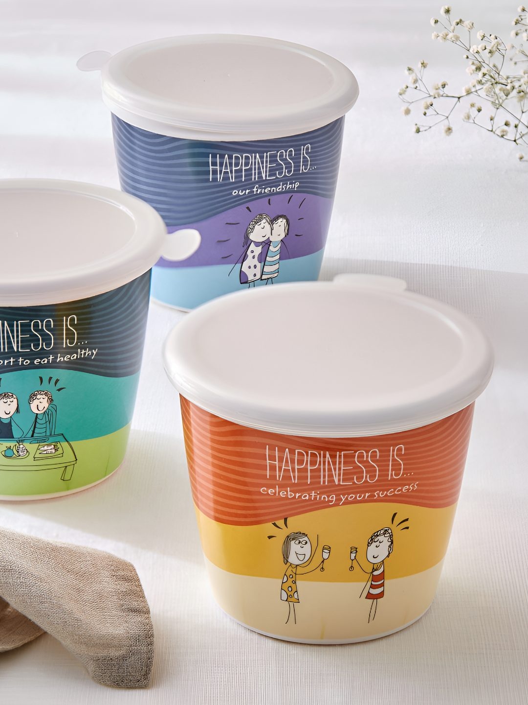 

Home Centre Melina Orange Colored 3 Pieces Happiness Printed Melamine Canister 700ml