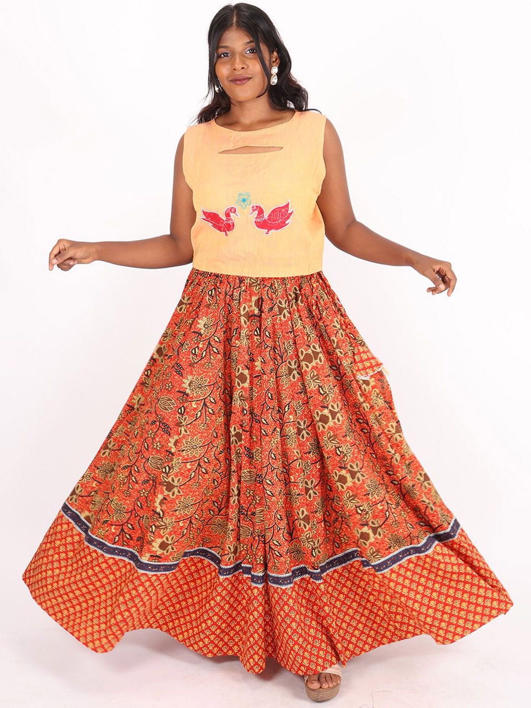 

Avishya Printed Pure Cotton Flared Maxi Skirt, Orange