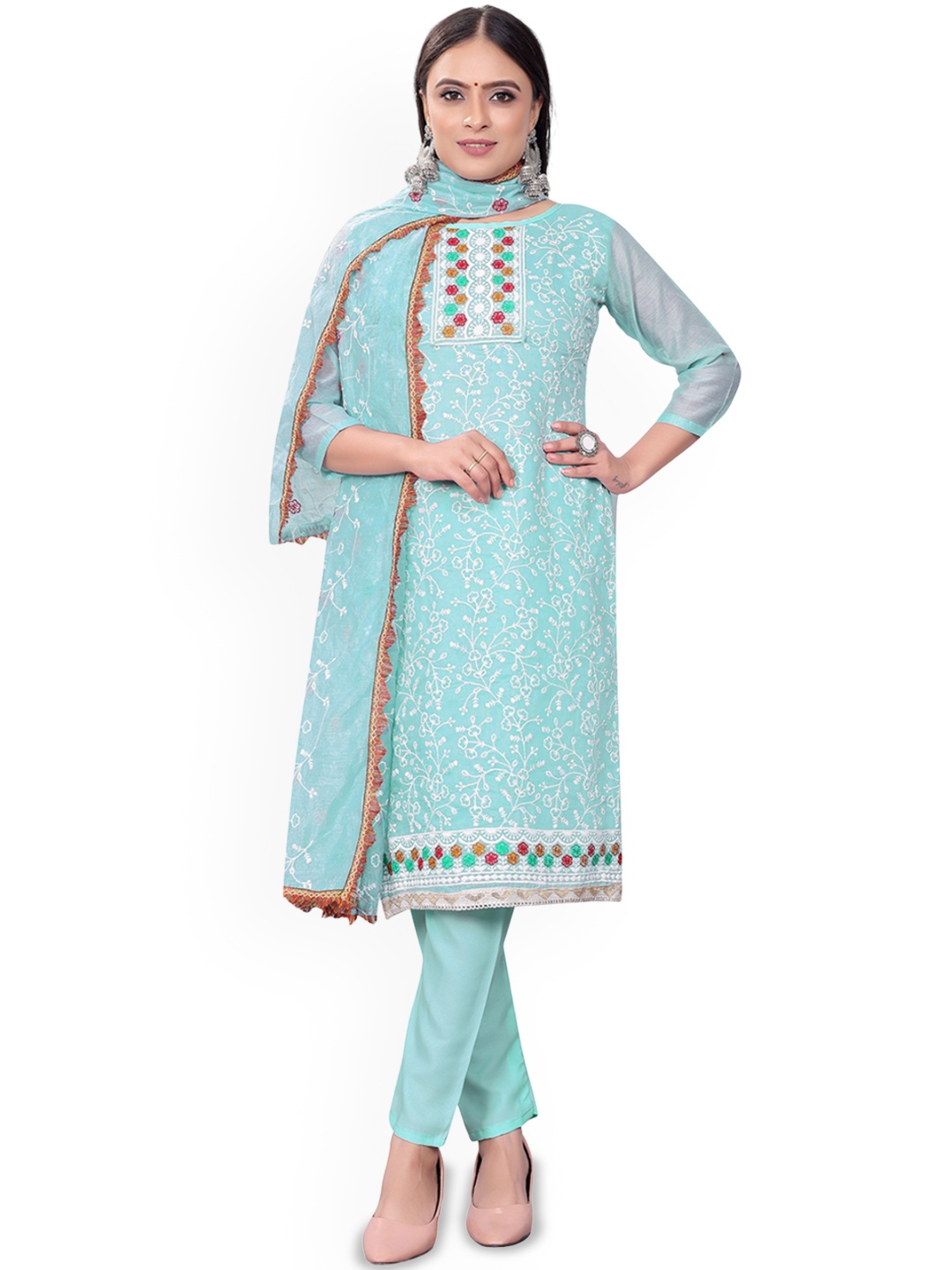 

Maroosh Floral Embroidered Unstitched Dress Material, Turquoise blue