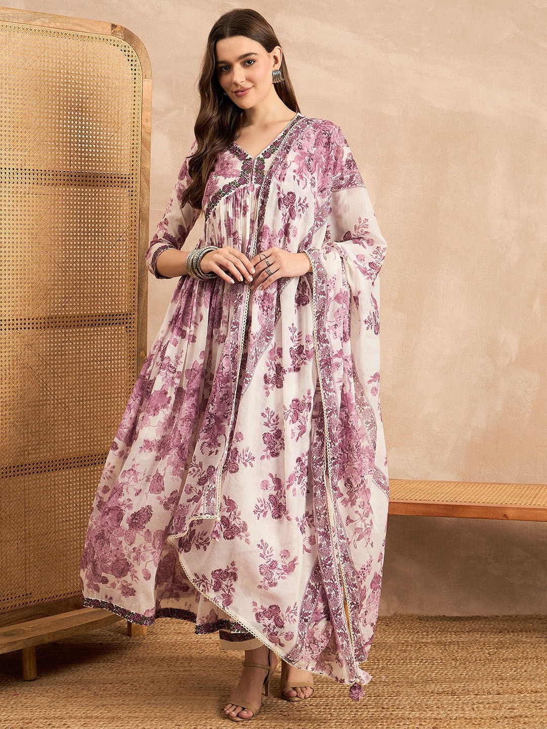 

all about you Floral Printed Empire Thread Work Anarkali Kurta With Trouser With Dupatta, White