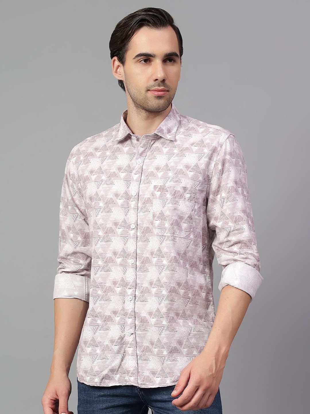 

Cantabil Men Spread Collar Geometric Printed Cotton Slim Fit Casual Shirt, Purple