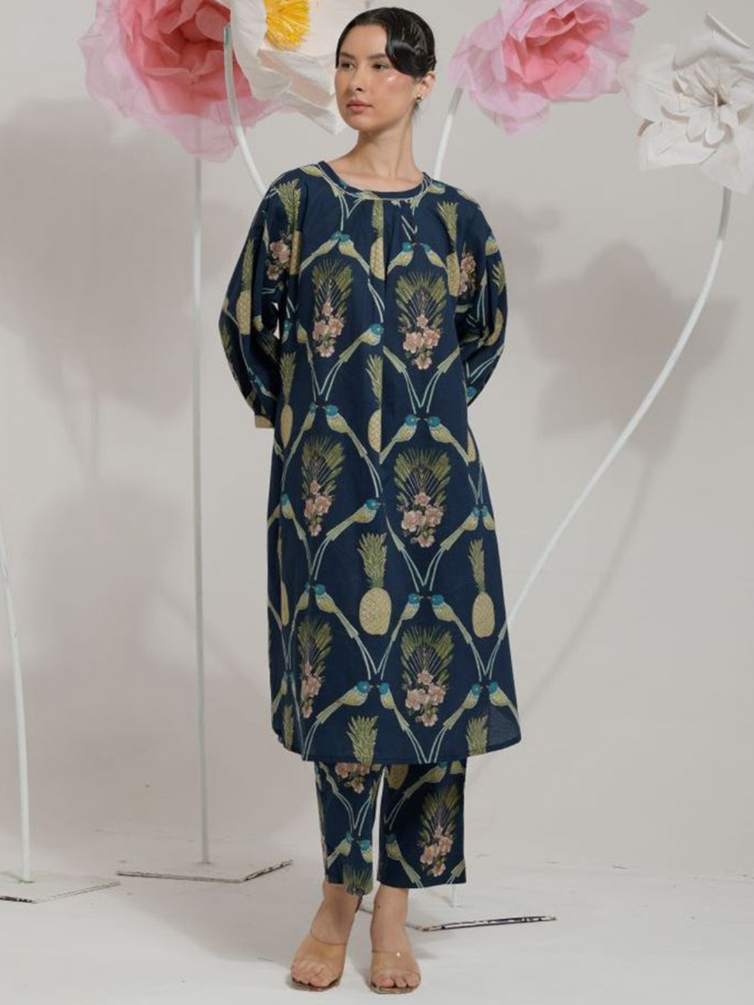 

The Quince Life Floral Printed Pure Cotton Tunic With Trousers, Blue