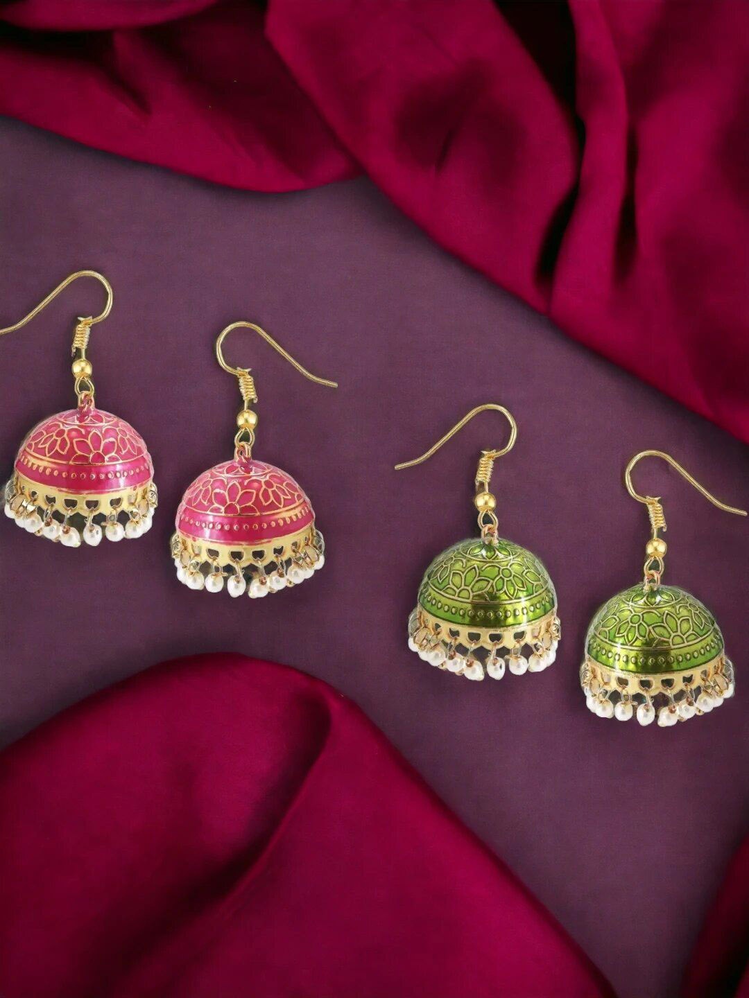 

9blings Set Of 2 Gold Plated Beaded Dome Shaped Meenakari Jhumkas, Pink