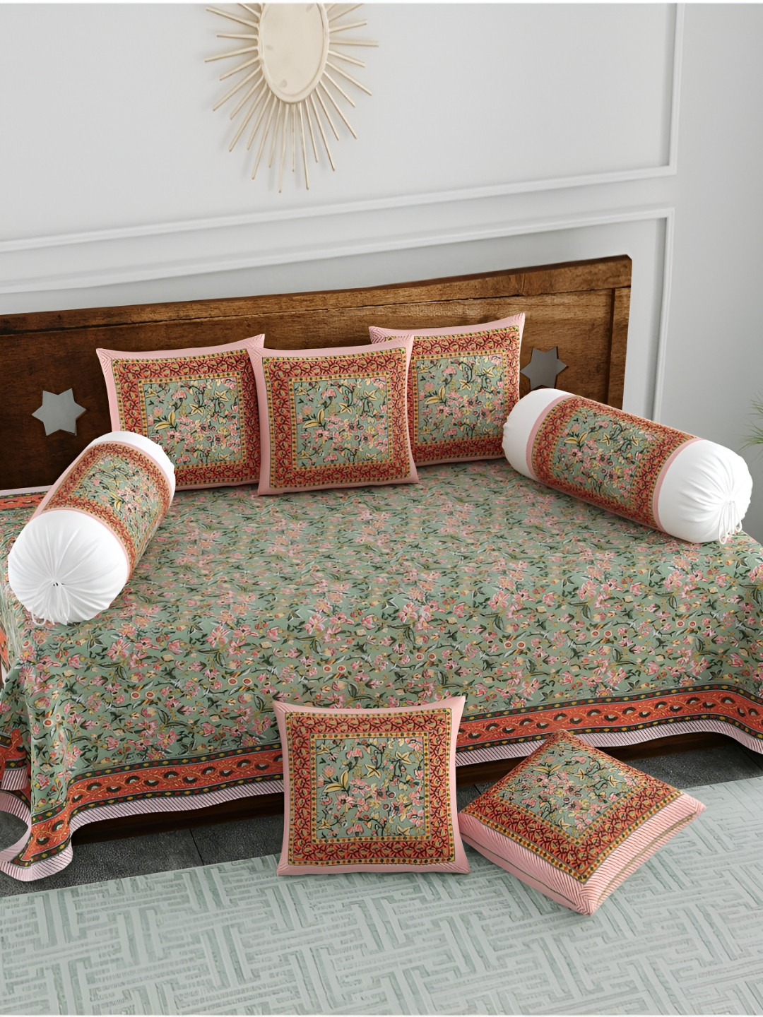 

The Craft Monk Set Of 8 Green & White Printed Pure Cotton Diwan Set