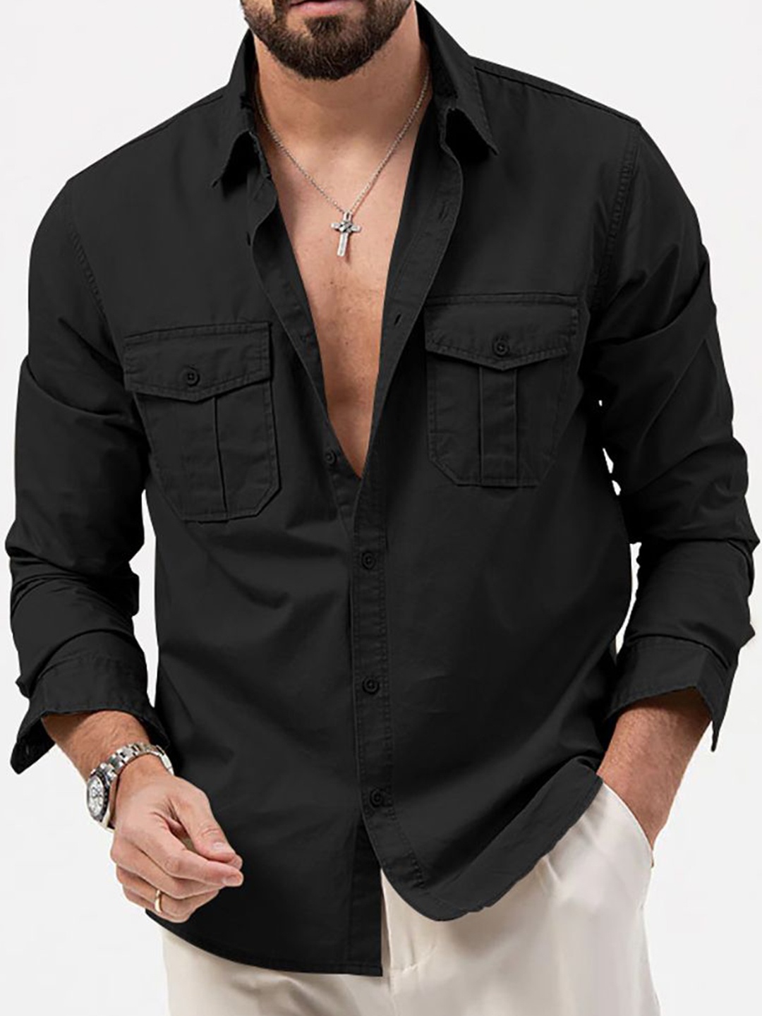 

StyleCast x Revolte Men Cutaway Collar Solid Casual Shirt, Black