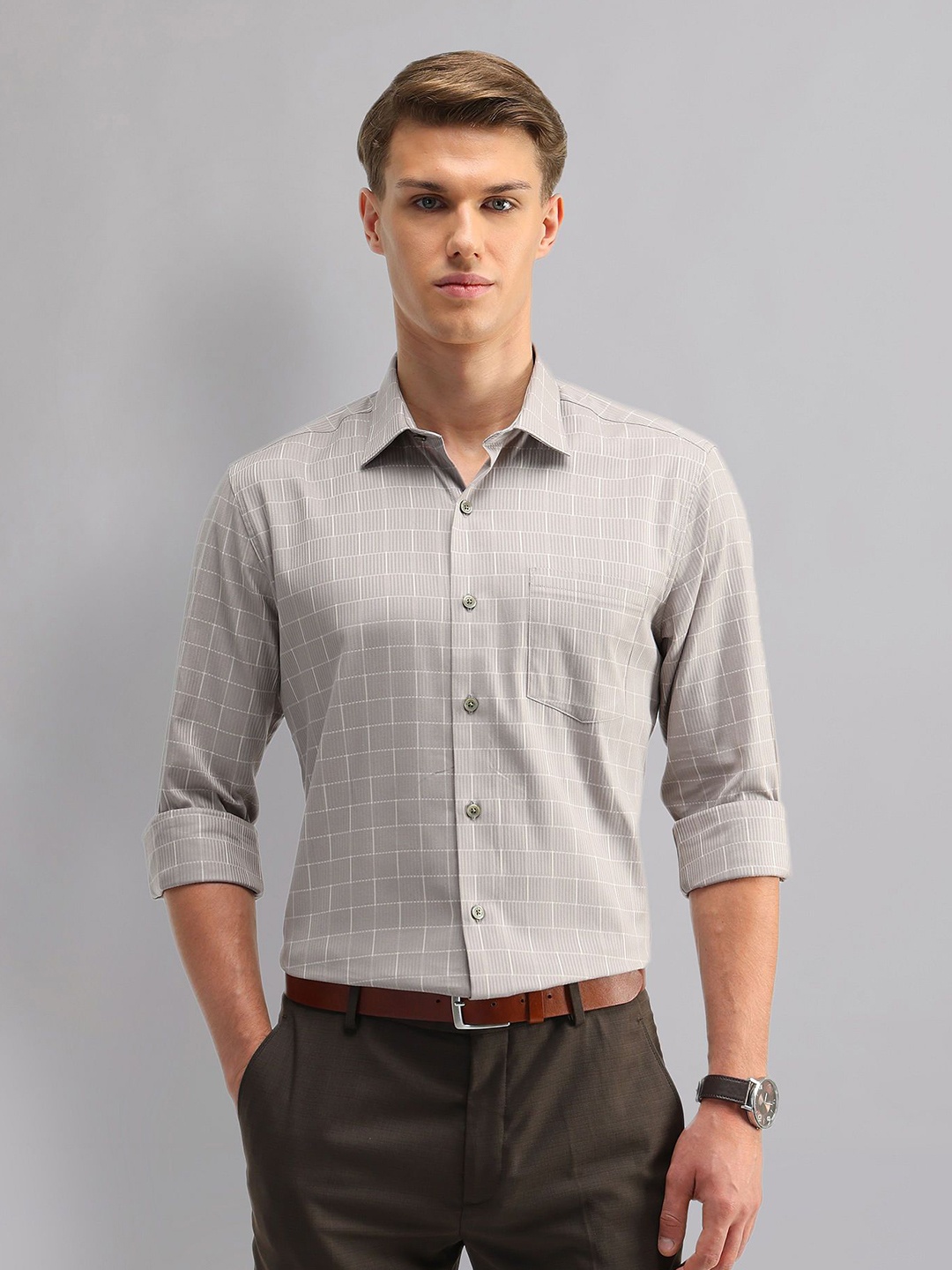 

AD By Arvind Men Spread Collar Checked Cotton Slim Fit Formal Shirt, Beige