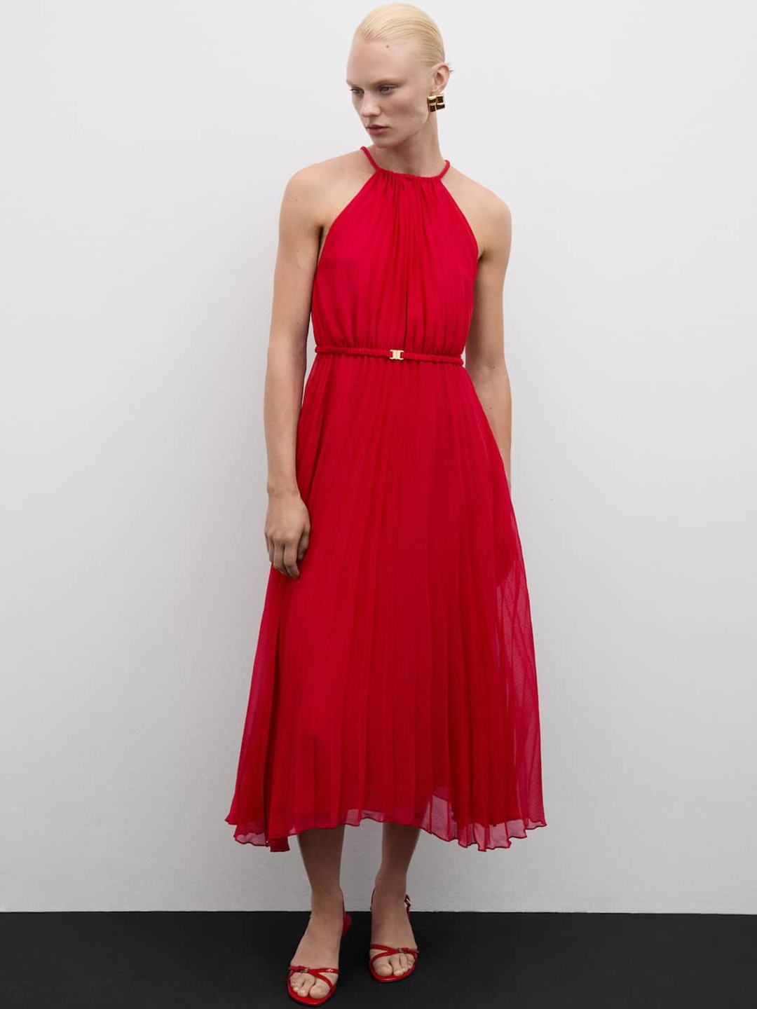 

MANGO Accordion Pleated Strappy Halter Neck Fit & Flare Midi Dress, Red