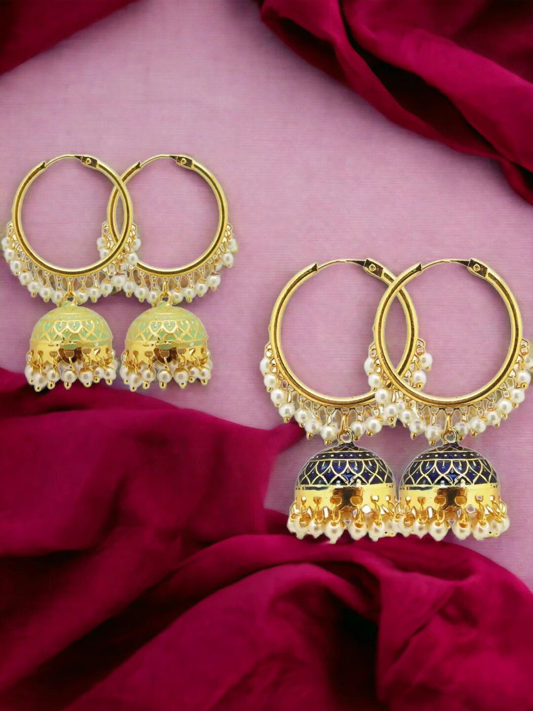 

9blings Set Of 2 Gold Plated Beaded Dome Shaped Meenakari Jhumkas, Navy blue