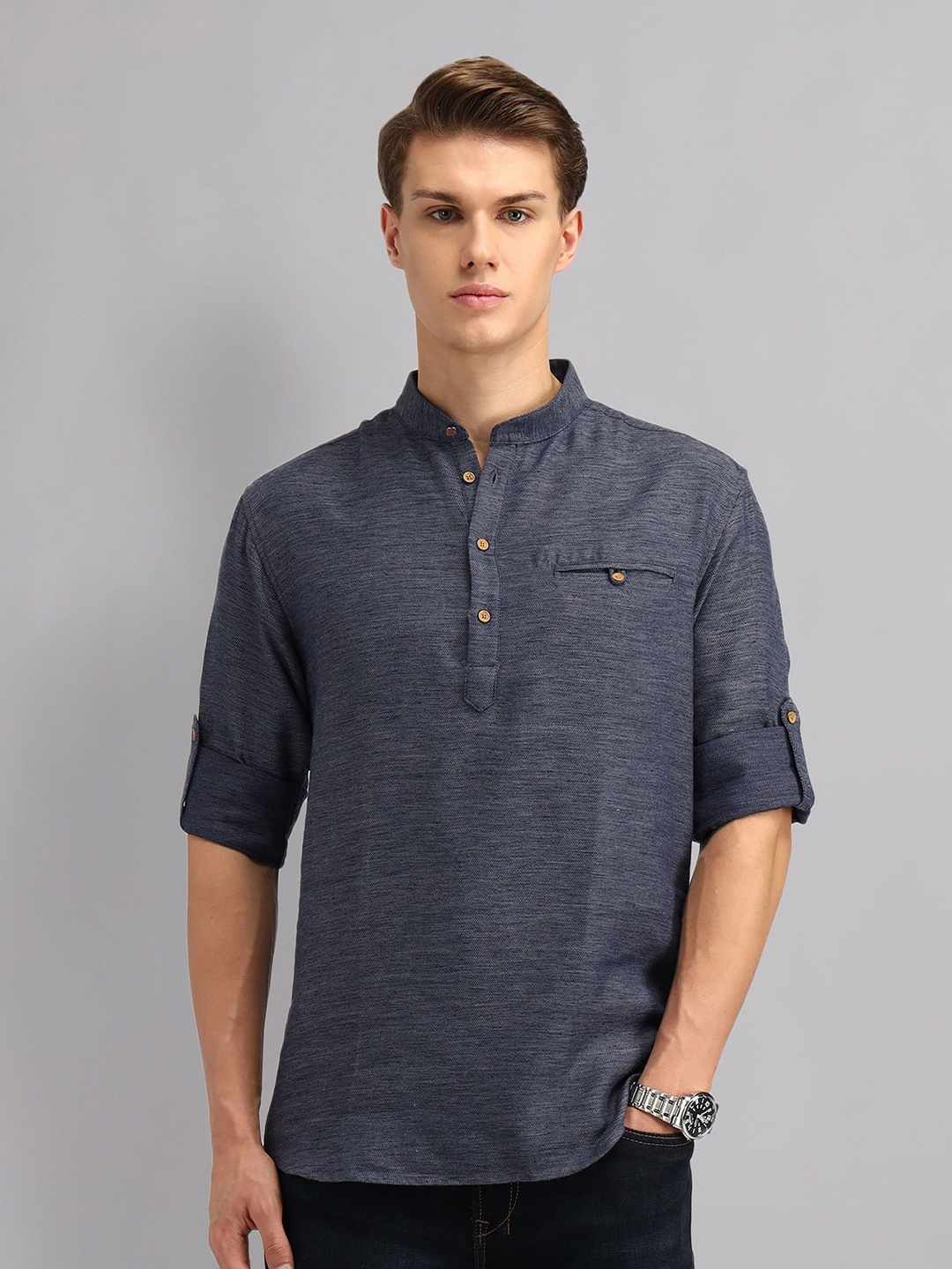 

AD By Arvind Men Mandarin Collar Solid Cotton Slim Fit Casual Shirt, Blue