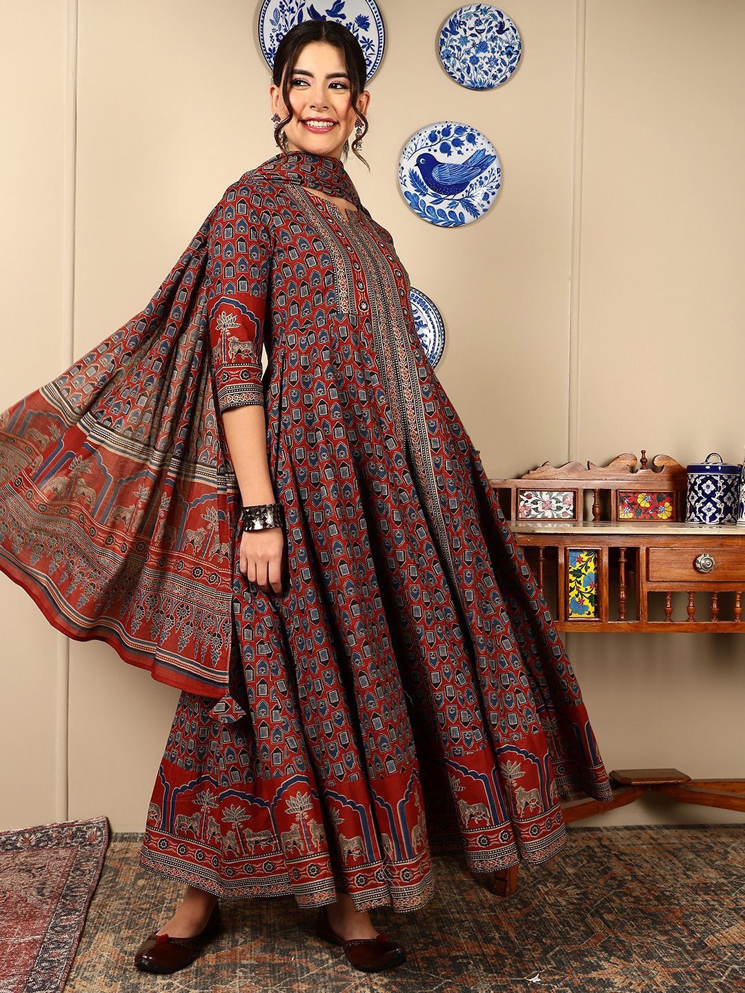

GULMOHAR JAIPUR Floral Printed Mirror Work Pure Cotton Anarkali Kurta Palazzos & Dupatta, Maroon