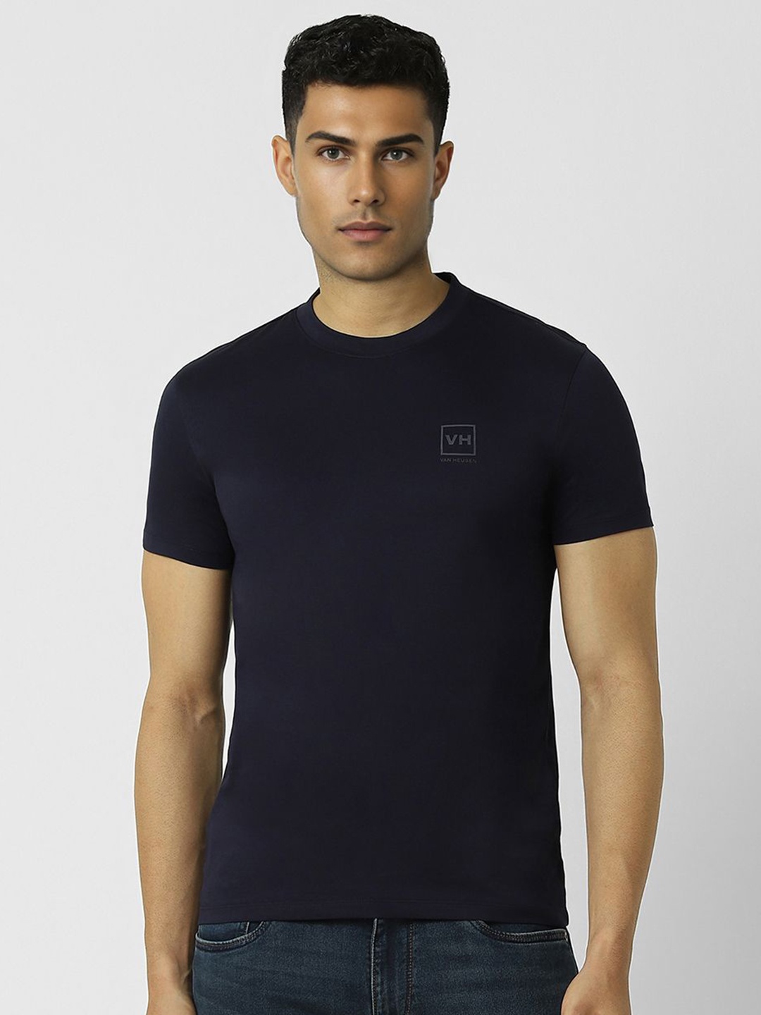 

V Dot Men Solid Round Neck Cotton Slim Fit T-shirt, Navy blue