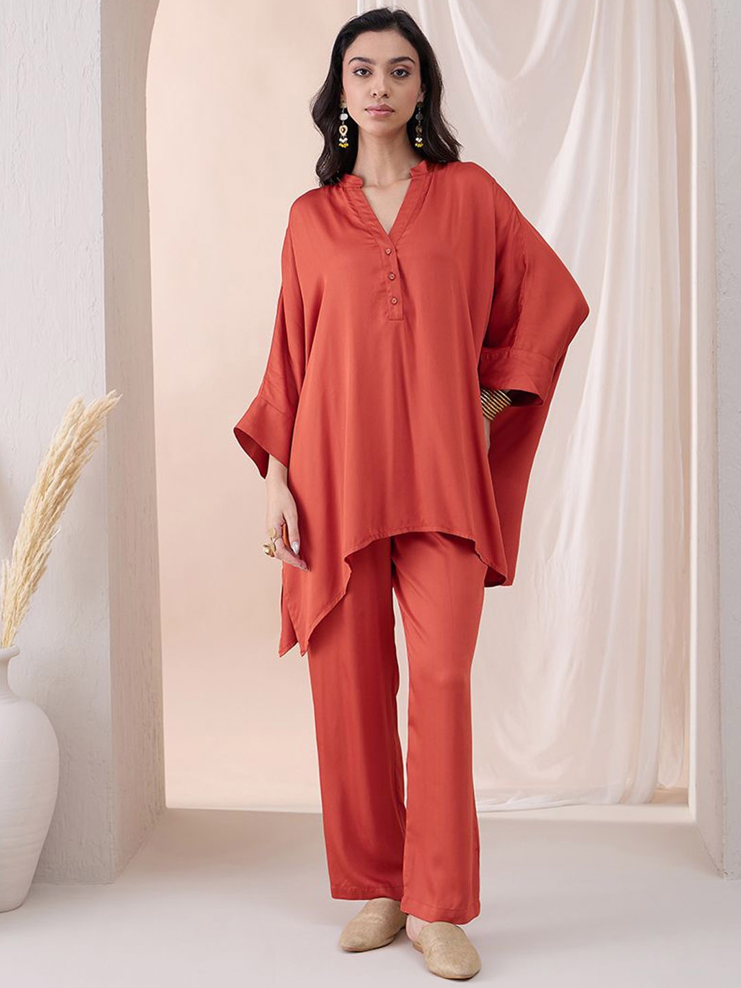 

FEMMELLA Mandarin Collar Modal High Low Tunic With Trouser Co-Ords, Orange