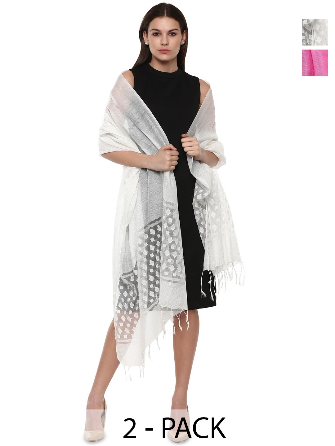 

Rhe-Ana Pack Of 2 Self Design Dupatta, White