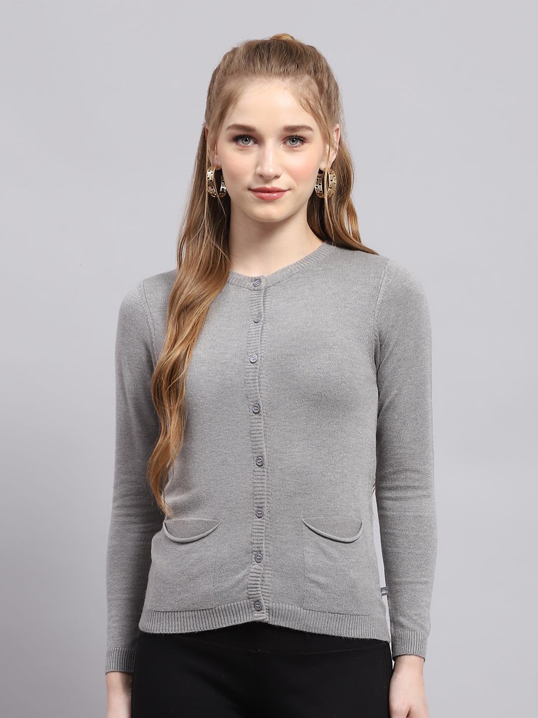 

Monte Carlo Women Woollen Long Sleeves Cardigan, Grey