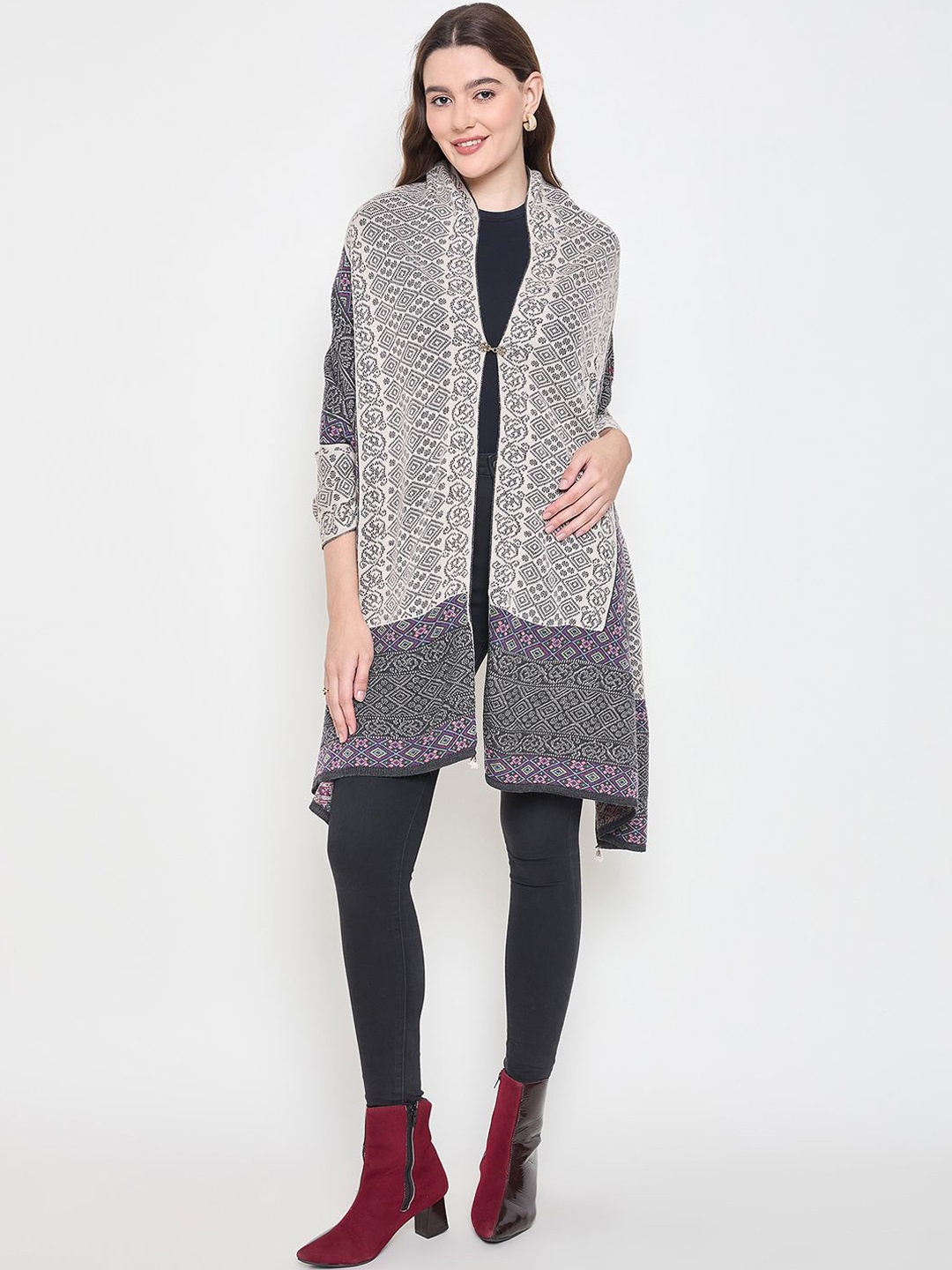 

Knitstudio Ethnic Motifs Woven Design Knitted Shawl, Grey