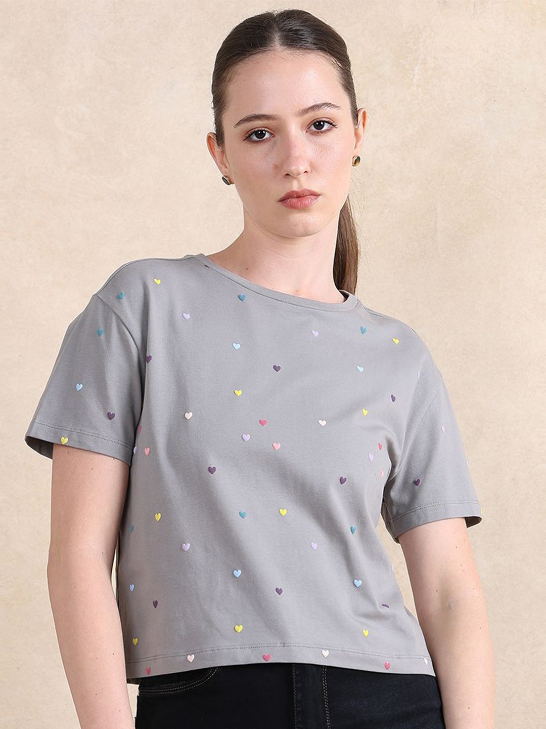 

RAREISM Women Conversational Printed Round Neck Cotton Relaxed Fit T-shirt, Grey