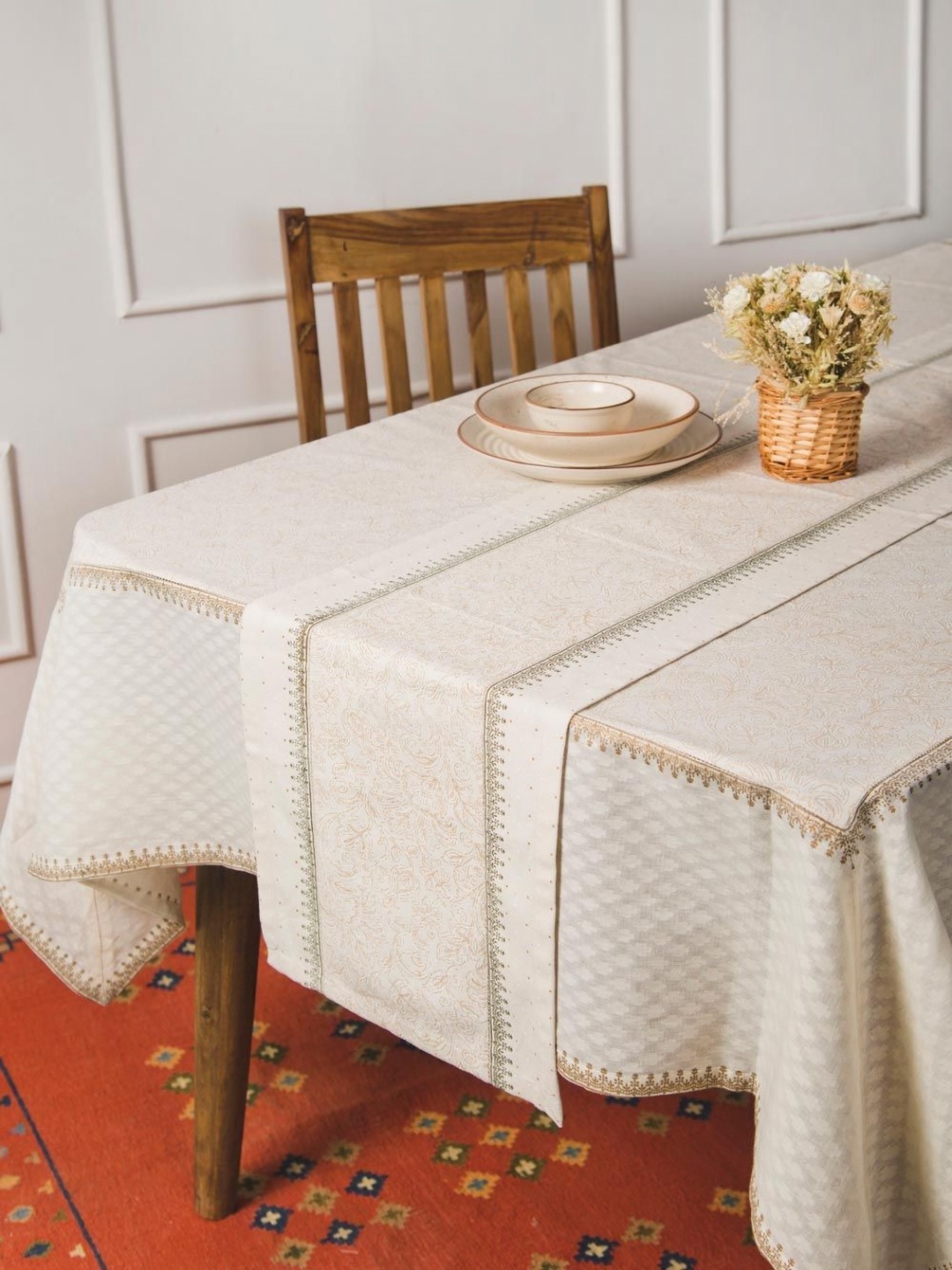

Fabindia Off White & Green Floral Printed Anti Skid Table Runner