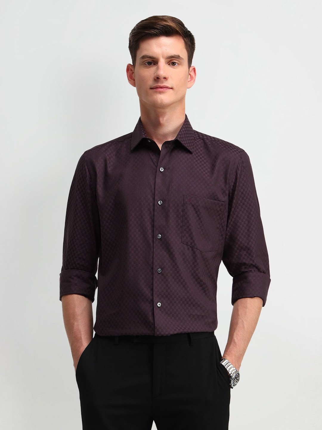 

Arrow Men Classic Spread Collar Micro Ditsy Checked Cotton Formal Shirt, Maroon