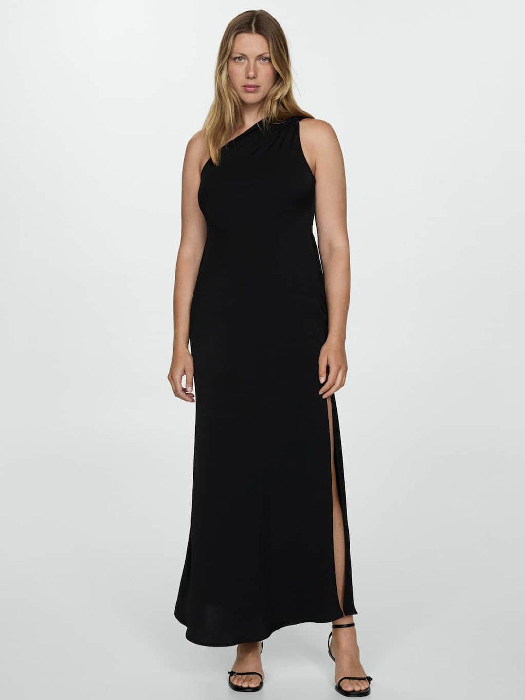 

MANGO One-Shoulder Side Slit Sheath Midi Dress, Black
