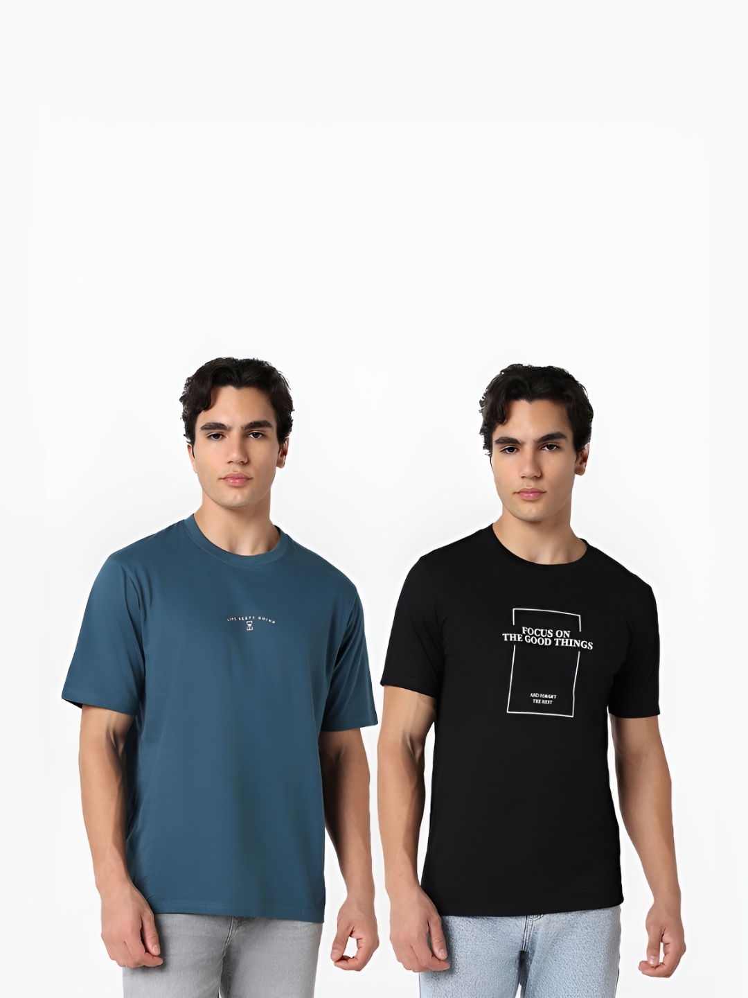 

R&B Men Pack Of 2 Typography Printed Round Neck Cotton T-shirts, Teal