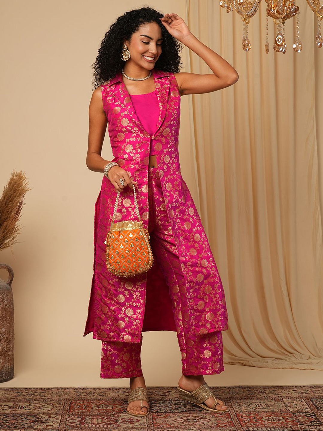 

Globus Woven Design Brocade Top With Trouser & Jacket, Pink