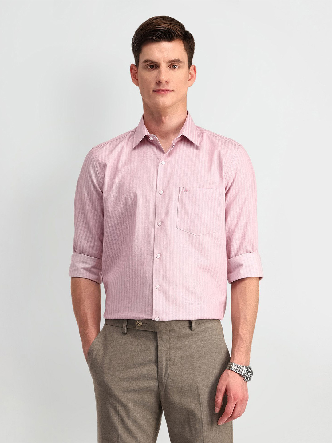 

Arrow Men Manhattan Spread Collar Vertical Striped Cotton Slim Fit Formal Shirt, Red