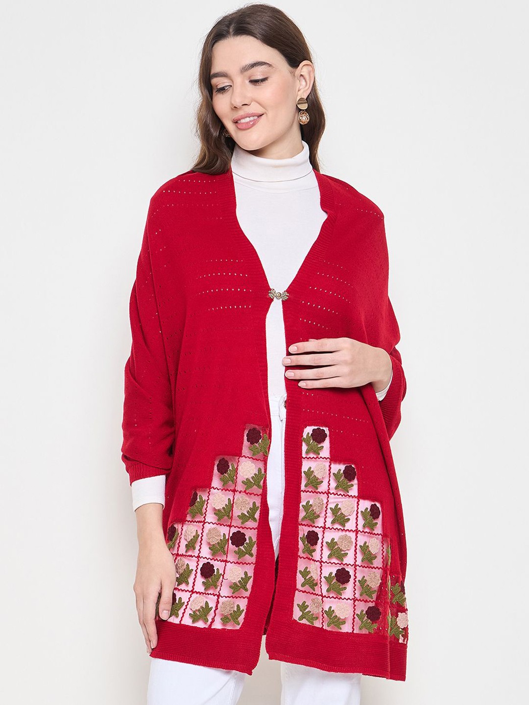 

Knitstudio Floral Embroidered V-Neck Poncho Sweaters, Red