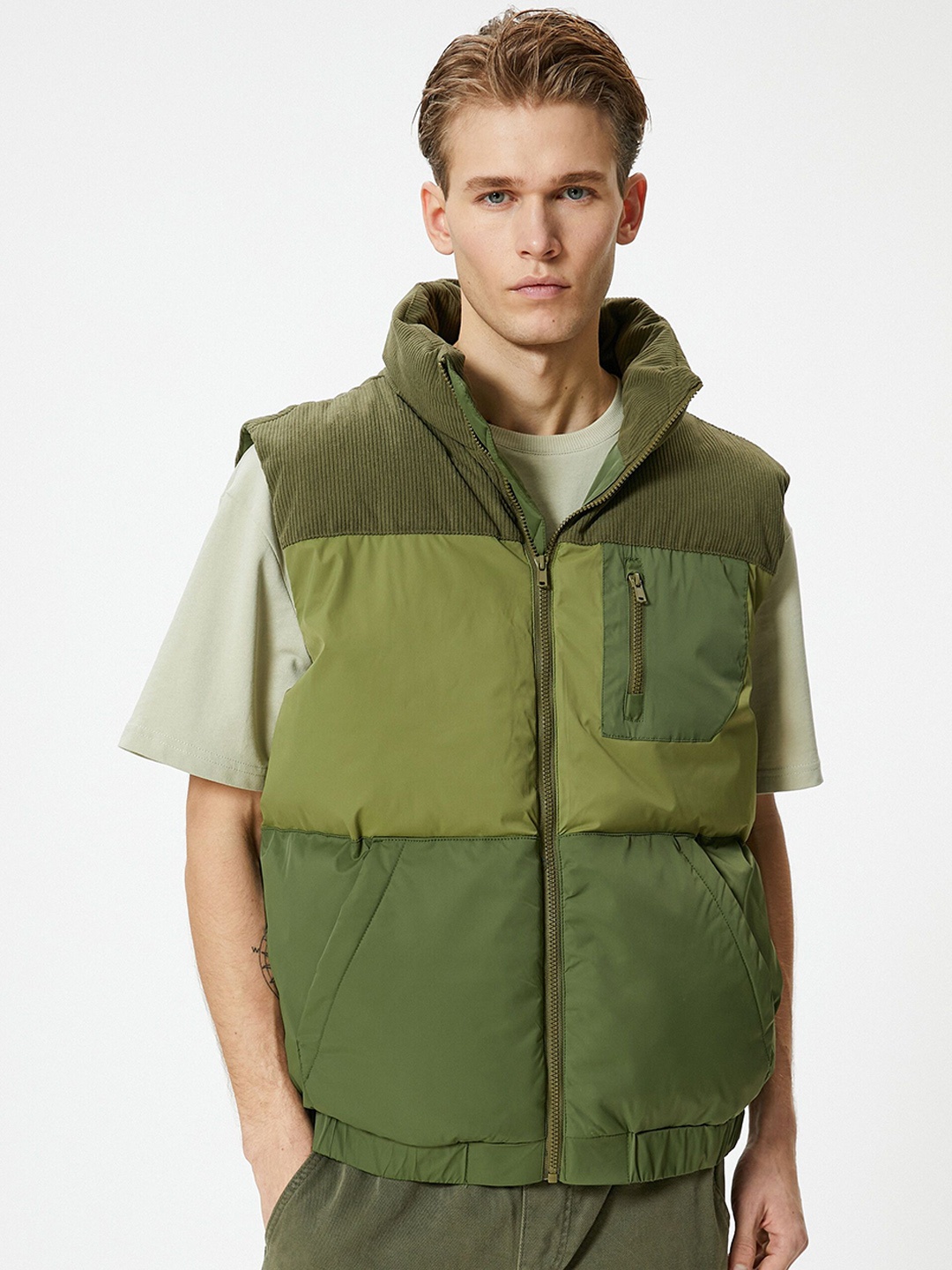

Koton Colourblocked Mock Collar Padded Jacket, Green
