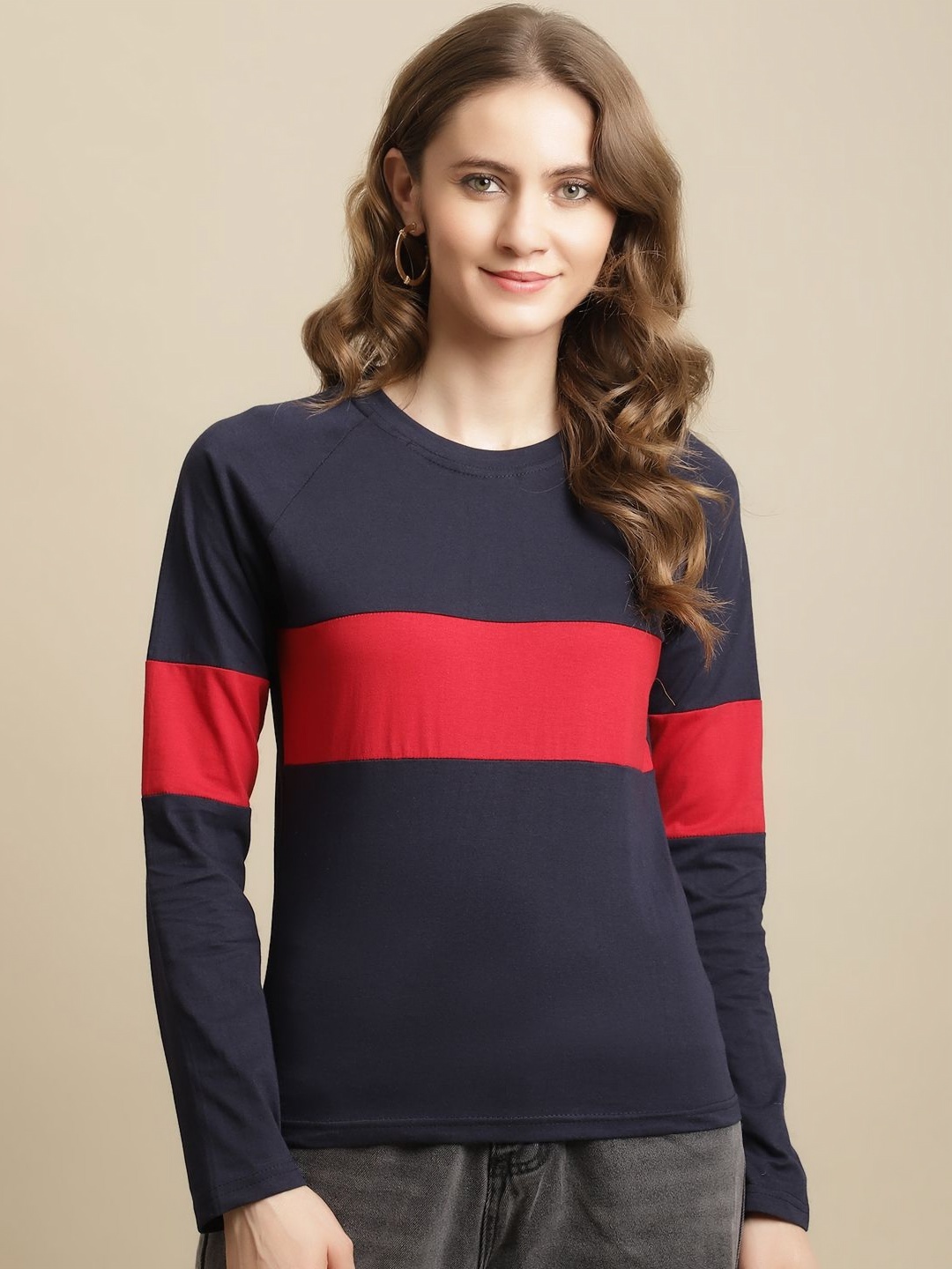 

Metronaut Women Colourblocked Round Neck Cotton T-shirt, Navy blue