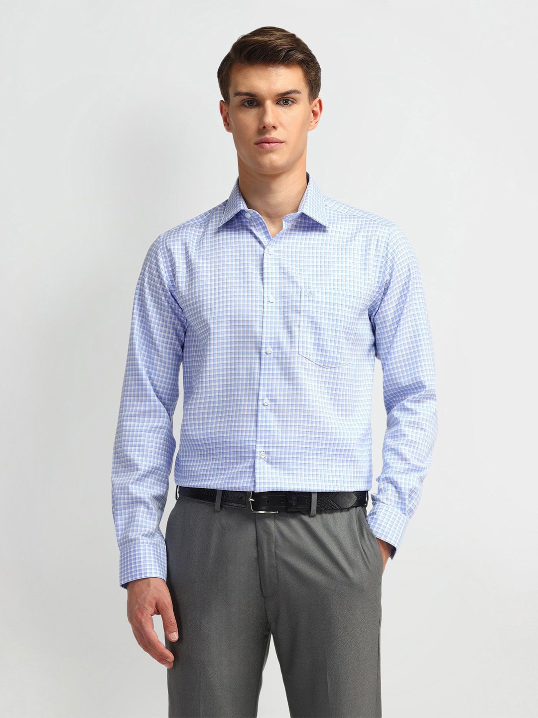 

Arrow Men Manhattan Spread Collar Micro Checked Cotton Slim Fit Formal Shirt, Blue
