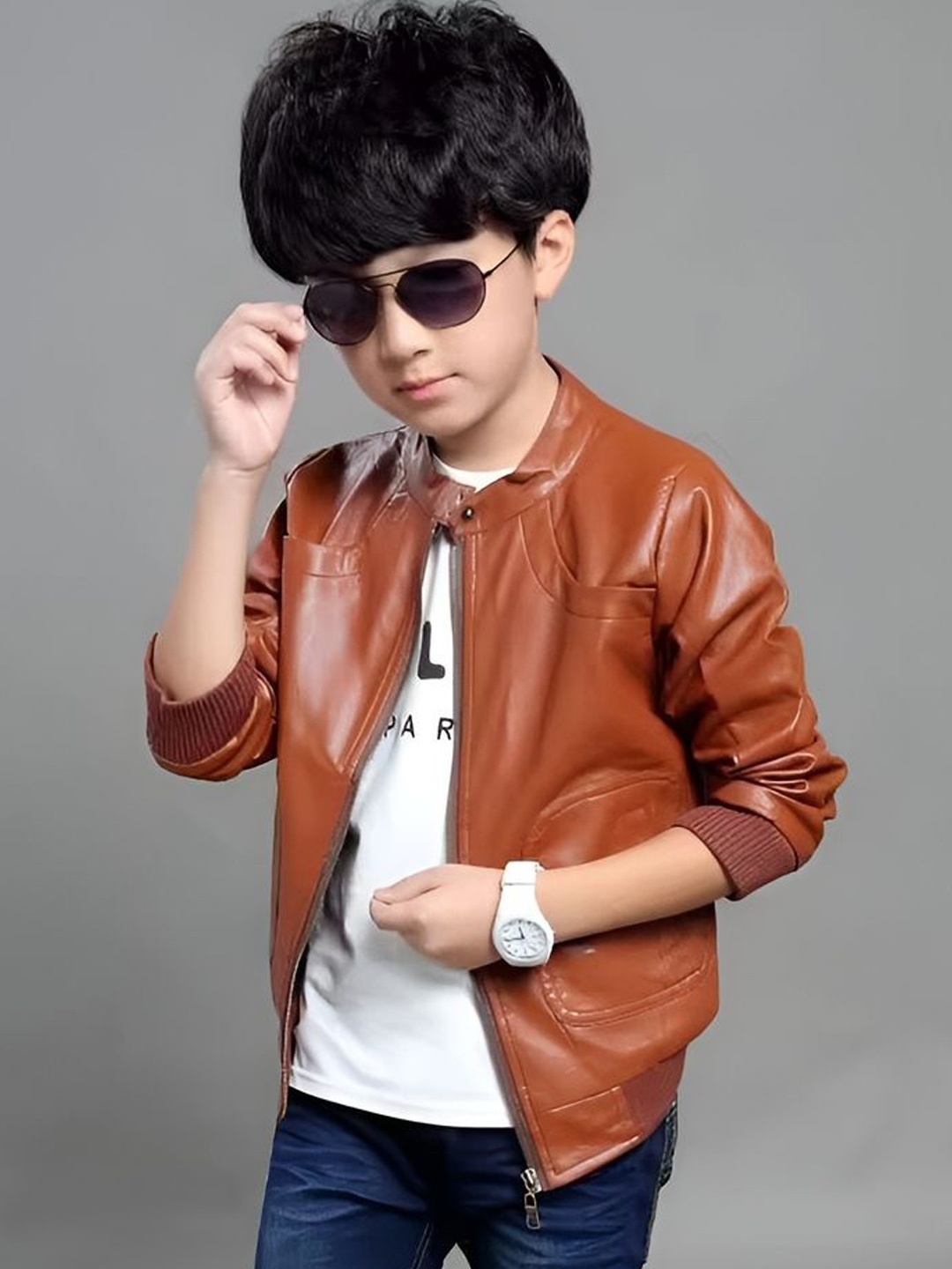 

BAESD Unisex Kids Stand Collar Solid Casual Leather Jacket, Brown
