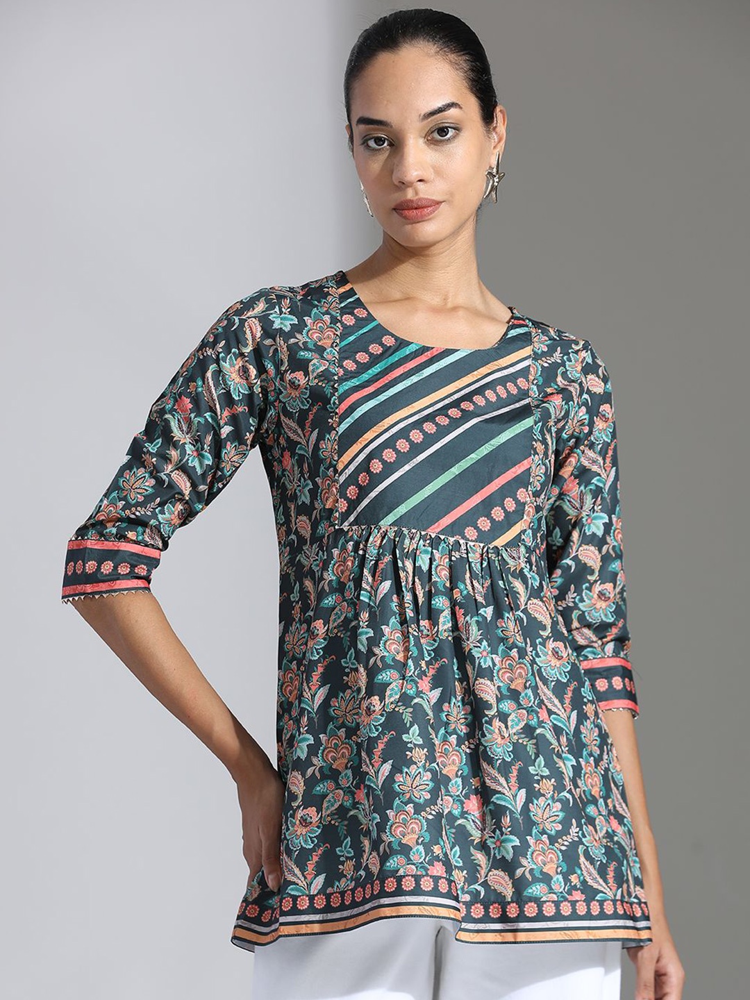 

Jaipur Kurti Floral Printed Chinon Peplum Top, Green