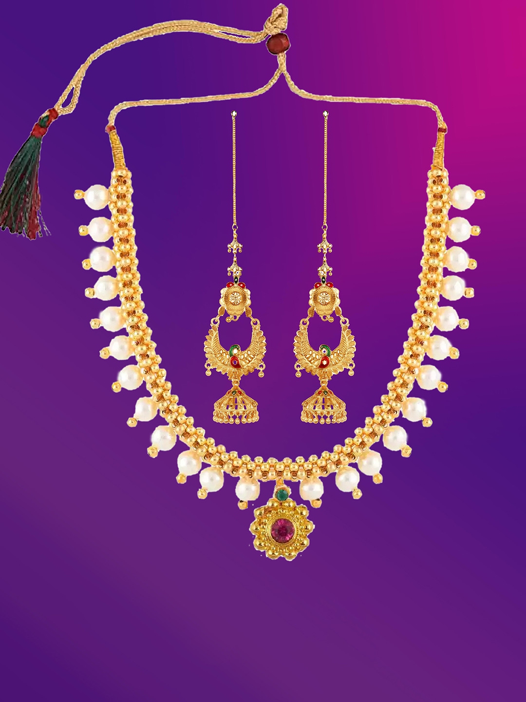

Lila Gold-Plated Stones Studded & Beaded Jewellery Set